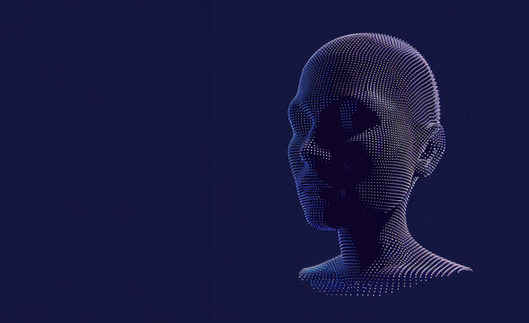 mesh wireframe of a face set against a backdrop of technological elements, integration of human with AI, innovation. The juxtaposition of the human face with futuristic technological of humanity
