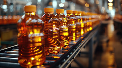 Fototapeta na wymiar Conveyor belt for vegetable oil in plastic bottles inside a vegetable oil production factory.