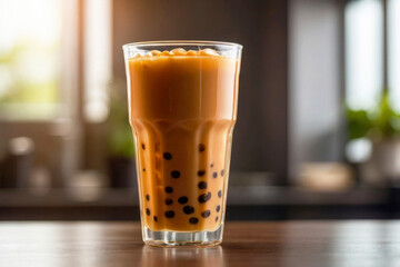 Advertising image, glass with cold coffee on the table, bumble coffee with orange. Delicious cold drinks with straws.