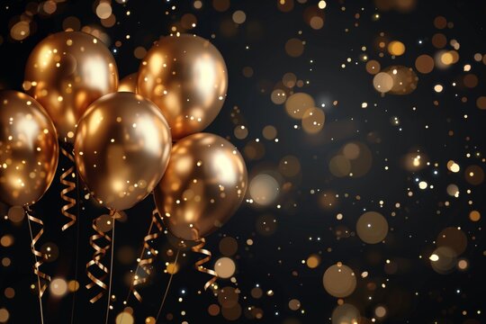Black background with gold balloons and gold streamers
