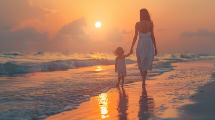 Fototapeta na wymiar Happy mother and her daughter enjoying walk along beach at sunset.