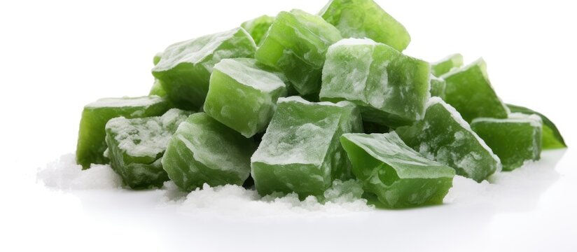 This image showcases a pile of vibrant green sugar cubes neatly stacked on a clean white background, creating a stark visual contrast. The sugar cubes are uniform in shape and color, presenting a