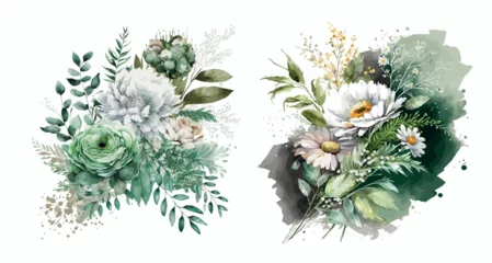 Gordijnen Elegant Watercolor Floral Arrangements Featuring Lush Greenery and Blooming Flowers for Invitations, Greetings © Zaleman