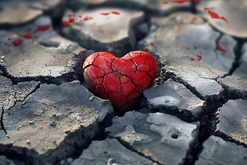 A sign of a shattered heart and lovesickness is a red stone heart smashed in a crack in the concrete.