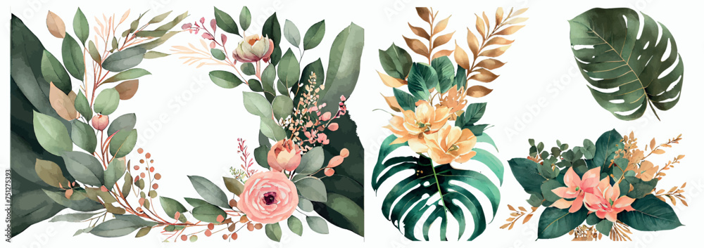 Poster elegant collection of watercolor greenery illustrations: various types of leaves and branches for di