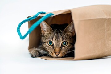 Playful tabby cat hiding in paper bag, blue detail