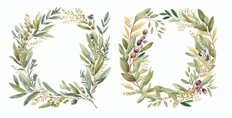 Hand-Painted Watercolor Wreaths of Olive and Laurel Leaves - Ideal for Designing Invitations and Greeting Cards