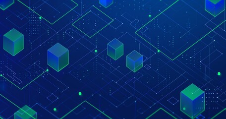 Blue background with green and blue squares, in the style of line and dot work, cryptidcore, interactive experiences, minimalistic lines, precisionist lines, isometric, webcore.