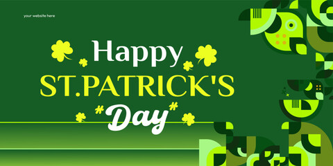 Happy St Patrick's Day banner in modern geometric style. Great for greeting covers, social posters and St Patrick's Day celebration party invitations with text. Vector illustration