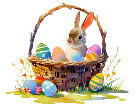 Basket with Easter eggs and a bunny,Generative AI 