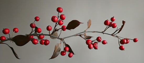 A branch from a Cornus Mas tree, also known as Cornelian cherry, displaying vibrant red berries hanging from it. The berries are a stark contrast against the green leaves.