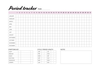 Period tracker chart, menstrual cycle calendar, horizontal.