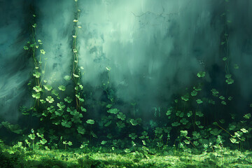Mystical dark forest with green plants