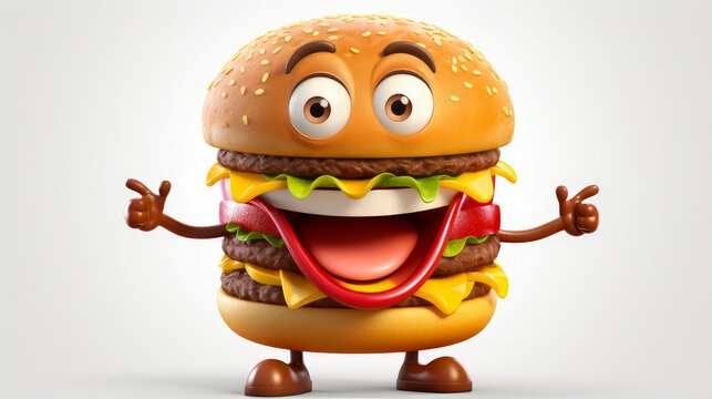 Cheeseburger with a cheerful face 3D on a white background.