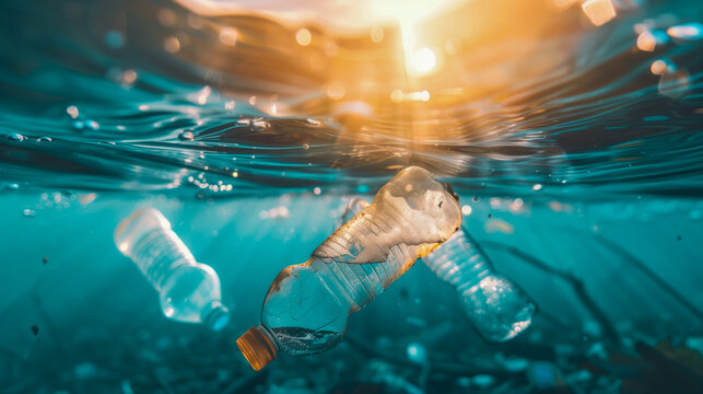 Bootles, PETs, plastics, trash under the ocean sea water; recycle
