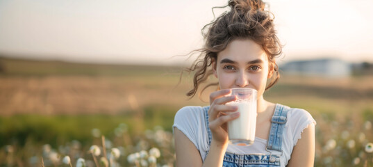 広い牧場で牛乳を飲む若い女性