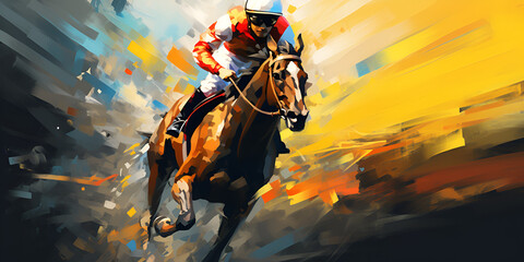 Racing horses galloping in the dust at sunset
