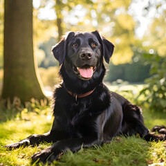 Black Dog Showcasing its Sleek Shiny Fur Amidst Lush Greenery - Harmony of Nature and Animal Life