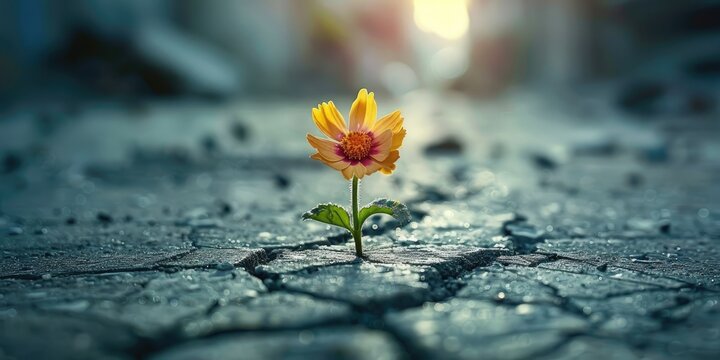 Tiny flowers bloom on a broken street, stunning boke. Generative Ai