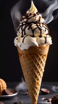 Slow motion shot of wafer cone with vanilla ice cream covered and topping chocolate sauce on dark background.