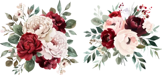 Schilderijen op glas Greenery, burgundy red and white peony, blush rose flowers vector design wedding bouquets © Mark