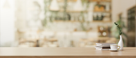 A presentation space on a wooden desk in a beautiful Scandinavian coffee shop.