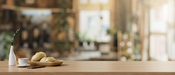A copy space for display product on a rustic wooden desk in a Scandinavian farmhouse cafe.