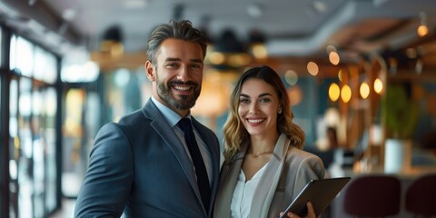 Businesswoman and man with a smile while standing. Generative Ai