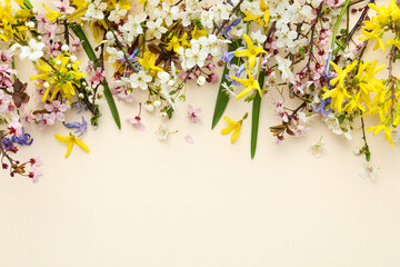 Spring flowers on a light background, top view.