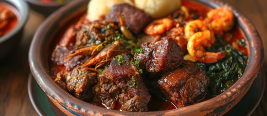 A detailed view of a bowl filled with Obe Ila Alasepo, a traditional Nigerian dish featuring beef, on a wooden table.