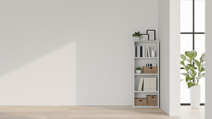 A modern, minimal office corridor features a shelf, a houseplant, a parquet floor, and a white wall.