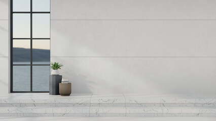 Interior design of a contemporary corridor hallway with marble stairs, a white wall, and a window.