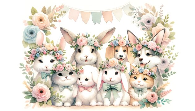 Watercolor painting of Bunny Rabbit Faces with Flower Crowns on bunnies, dogs, and cats for a party in soft pastel color tones