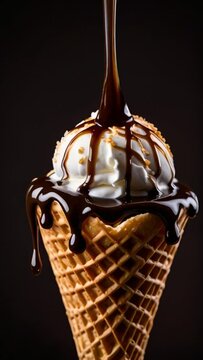 Slow motion shot of wafer cone with vanilla ice cream covered and topping chocolate sauce on dark background.