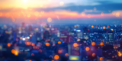 Bright glowing lights of district in megapolis under dusk sky in evening on blurred background, Generative AI 