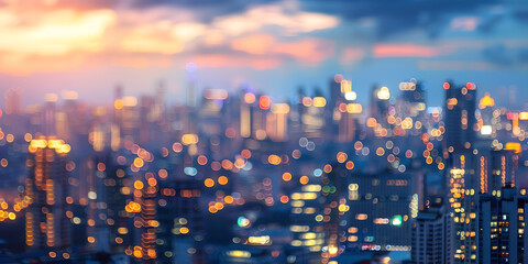 Bright glowing lights of district in megapolis under dusk sky in evening on blurred background, Generative AI 