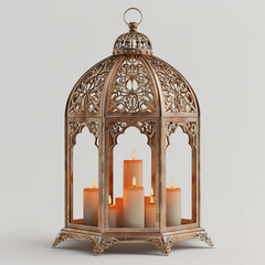 Realistic muslim lantern with golden candle, in the style of silver and brown, elegant and...