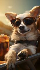 Cute dog in sunglasses with ice coffee.