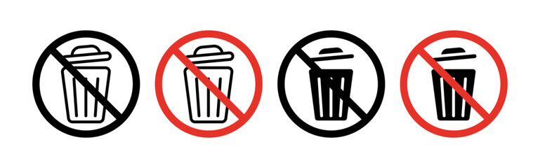 No Trash Icon Set. Trash bin waste vector symbol in a black filled and outlined style. Garbage Free and Trashcan Sign. - obrazy, fototapety, plakaty