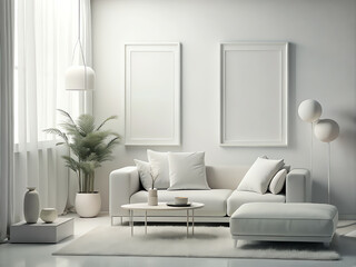 Living room wall poster mockup. Interior mockup with house background. Modern interior design. 3D Render