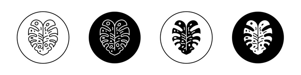 Monstera Deliciosa Plant Leaf Icon Set. Philodendron Abstract pattern leaves vector symbol in a black filled and outlined style. Lush Wilderness plant Sign.