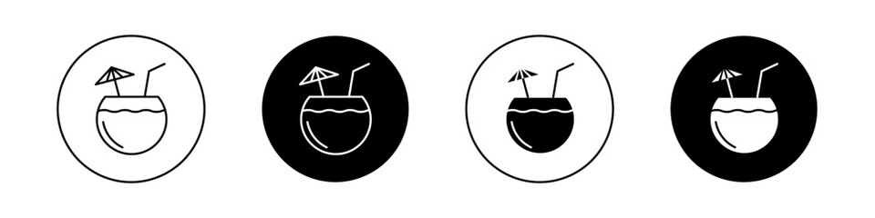 Coconut Drink Icon Set. Green Coconut Cocktail juice with straw vector symbol in a black filled and outlined style. Tropical Coconut juice with umbrella Sign.