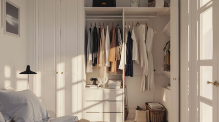 Sunlit minimalist wardrobe showcasing a tidy selection of clothes.