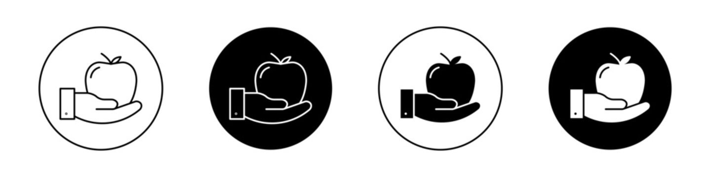 Apple in Hand Icon Set. Apple Fruit snack vector symbol in a black filled and outlined style. Red Apple Sign.