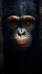 Chimpanzee close-up portrait on a black background.