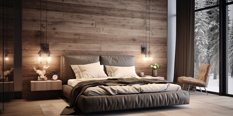 Contemporary bedroom combining modern design with rustic wooden touches and a captivating artistic wall panel