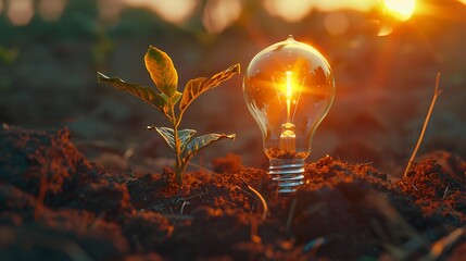 Renewable Energy, lightbulb and small tree growth on soil with sunset