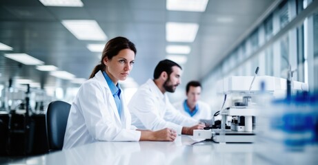 Fototapeta premium Two healthcare researchers collaborate on an experiment in a high-tech medical lab, symbolizing innovation and precision in medicine.