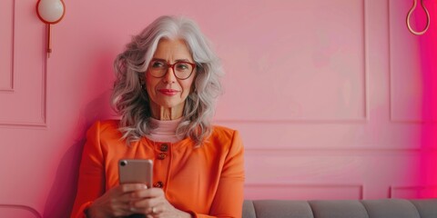 Elegant senior citizen with grey hair speaking online. Generative Ai