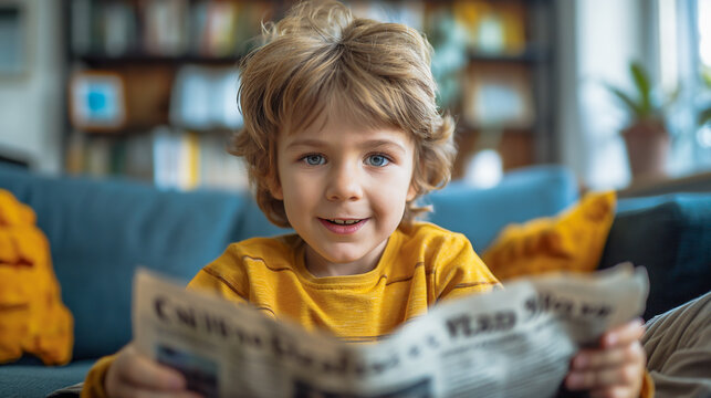Excited. The boy reads the newspaper excitedly. with news of his favorite sports competitions Image generated by AI